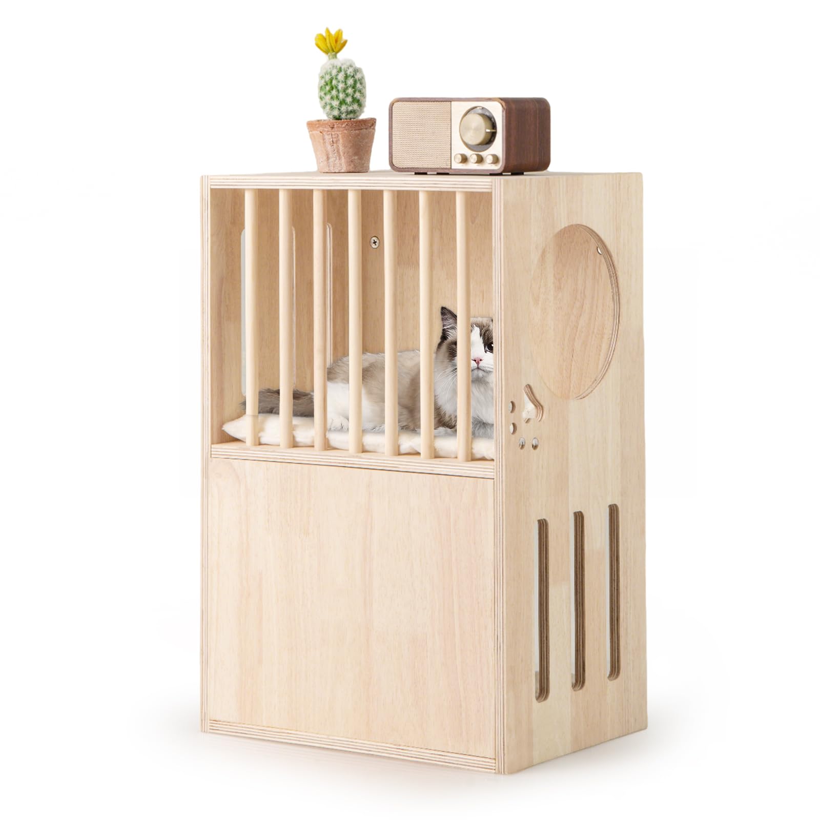 Tangkula 2 Tier Luxury Wood Cat House w/ 2 Washable Plush Cushions